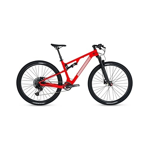 Mountain Bike : HESNDzxc Bicycles for Adults Bicycle Full Suspension Carbon Fiber Mountain Bike Disc Brake Cross Country Mountain Bike (Color : Red, Size : Medium)