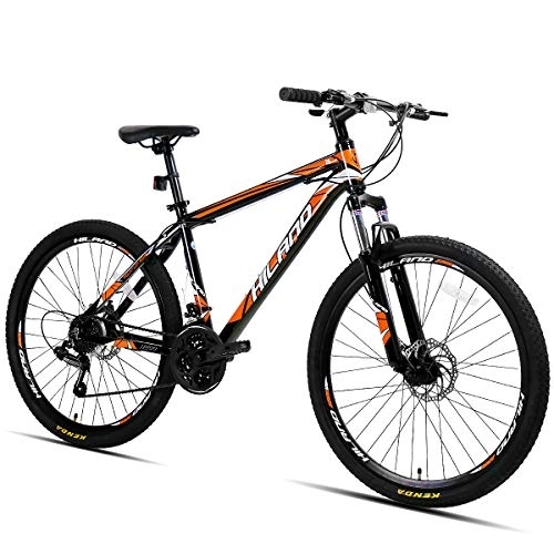 Mountain Bike : Hiland 26 Inch Mountain Bike For Men, Shimano 21 Speeds with Disc-Brake, Mens Montain Bike with 17 Inch Aluminum Frame, Black & Orange