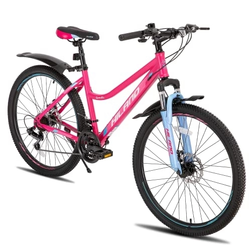 Mountain Bike : Hiland Mountain Bike 26 Inch MTB Front Suspension with 21 Speed Gear Steel Frame Disc Brake Mudguards for Women Bicycle, Pink