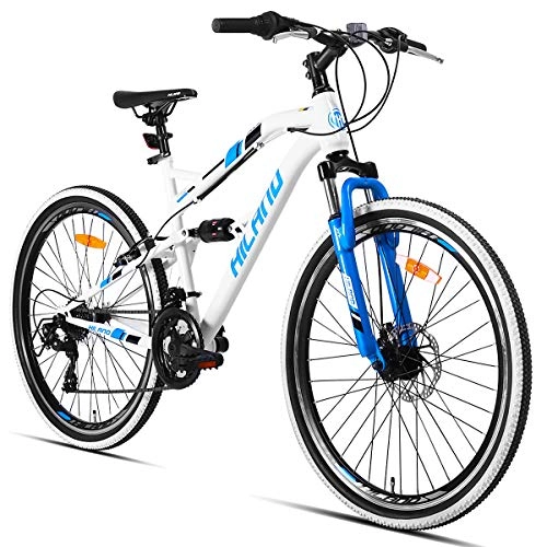 Mountain Bike : Hiland Mountain Bike, Steel Full Dual-Suspension 26-Inch Wheels Bicycle with Disc Brakes, 21 Speeds Shimano Drivetrain