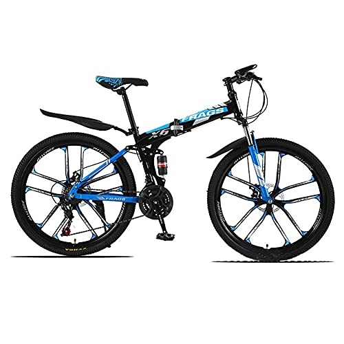 Mountain Bike : HJRBM 26 Inch Mountain Bikes， High-Carbon Steel Hardtail MTB， Thickened Carbon Steel Frame， Double Disc Brake， 10 Cutters Wheel (Color : Black Blue， 21 Speed) fengong