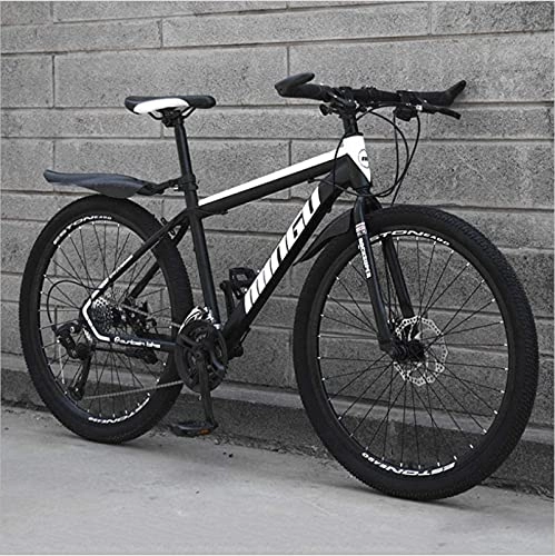 Mountain Bike : HUAQINEI Mountain Bikes, 24 inch mountain bike variable speed off-road shock-absorbing bicycle light road racing spoke wheel Alloy frame with Disc Brakes (Color : Black and white, Size : 24 speed)