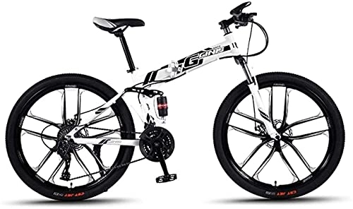 Mountain Bike : HUAQINEI Mountain Bikes, 26 inch folding mountain bike double shock absorber racing off-road variable speed bike ten wheels Alloy frame with Disc Brakes (Color : White black, Size : 24 speed)