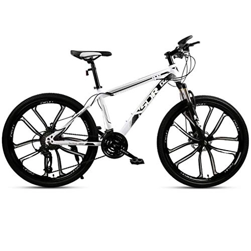 Mountain Bike : JLFSDB Mountain Bike, Carbon Steel Frame Bicycles, Double Disc Brake Shockproof Front Suspension, 26 Inch Mag Wheel (Color : White+Black, Size : 21-speed)
