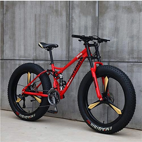 Mountain Bike : JSY Red Three cutter wheel 26 inch off-road bicycles, fat tires high carbon steel suspension youth men and women mountain bikes, Adult Dual disc brake men and women mountain bikes (21-speed)