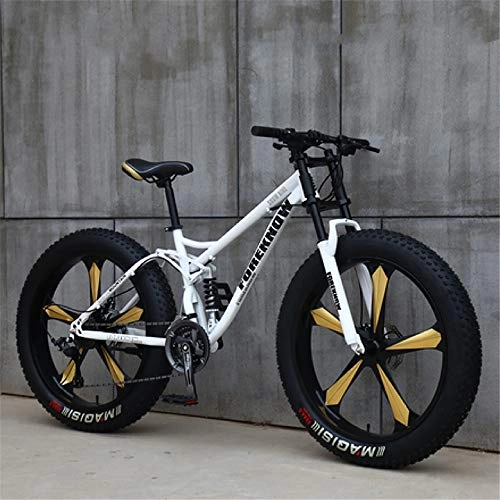 Mountain Bike : JSY White Five cutter wheel 26 inch off-road bicycles, fat tires high carbon steel suspension youth men and women mountain bikes, Adult Dual disc brake men and women mountain bikes (24-speed)
