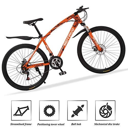 Mountain Bike : KaiKai M-TOP 26" Mens Hybrid Bike 27 Speed, High-Carbon Steel Suspension Fork Hardtail Mountain Bike Unisex, Dual Disc Brake MTB Bicycles with Adjustable Seat, Orange, 40 spokes