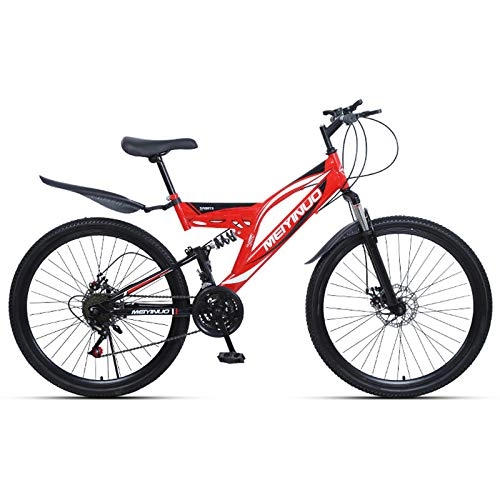 Mountain Bike : KUKU 26-Inch High-Carbon Steel Mountain Bike, 21-Speed Full Suspension Mountain Bike, Double Disc Brakes, Suitable for Sports And Cycling Enthusiasts, red