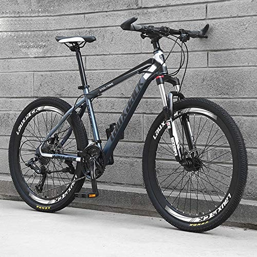 Mountain Bike : KUKU 26-Inch High-Carbon Steel Mountain Bike, 24-Speed Men's Mountain Bike, Double Disc Brakes, Suitable for Sports And Cycling Enthusiasts, black and gray