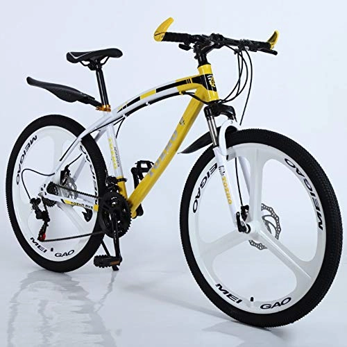 Mountain Bike : KUKU 26-Inch High-Carbon Steel Mountain Bike, 24-Speed Men's Mountain Bike, Double Disc Brakes, Suitable for Sports And Cycling Enthusiasts, white yellow