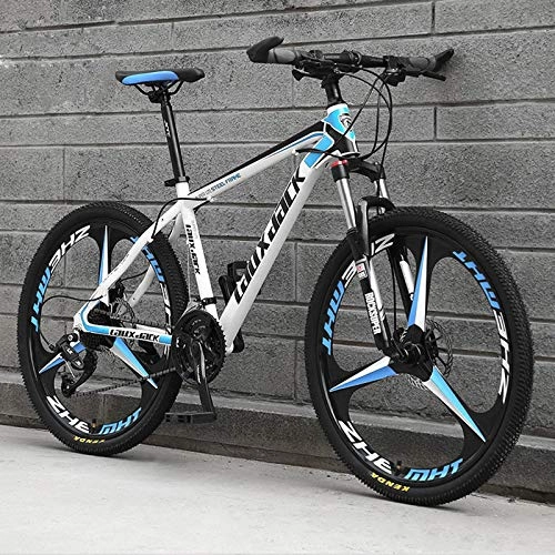 Mountain Bike : KUKU 26-Inch Men's Mountain Bike, 21-Speed High-Carbon Steel Mountain Bike, Dual Disc Brakes, Suitable for Sports And Cycling Enthusiasts, White and blue