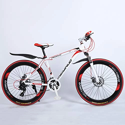 Mountain Bike : KUKU Mountain Bike 26 Inch, 21-Speed High Carbon Steel Mountain Bike, Full Suspension Mountain Bike, Outdoor Bike, Suitable for Sports And Cycling Enthusiasts, white red