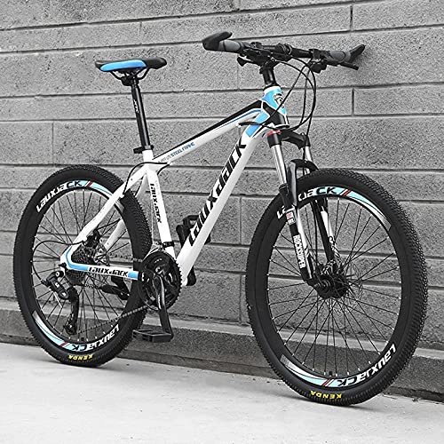 Mountain Bike : KUKU Mountain Bike 27-Speed, 26-Inch High-Carbon Steel Mountain Bike, Dual Disc Brakes, Full Suspension, Suitable for Sports And Cycling Enthusiasts, white and blue