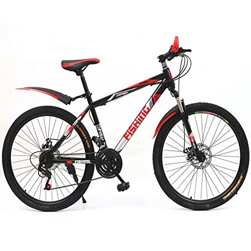 Mountain Bike : Leader Mountain Bikes, 21 Speed Double Disc Brake Bicycle, Front+Rear Mudgard, High-Carbon Steel, Suitable for Commuting To Work, Travel, 24Inch, black red