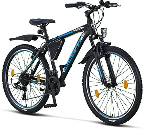 Mountain Bike : Licorne Bike Effect 26 Inch Mountain Bike, suitable from 150 cm, 21 Speed Gears, Fork Suspension, Boys’ & Men's Bicycle, Frame Bag, boys mens, Black / blue, 26