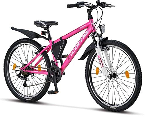 Mountain Bike : Licorne Bike Guide, 26 inches, 24 inches, 20 inch mountain bike, Shimano 21 speed gears, fork suspension, children's bicycle, boys and girls bicycle, frame bag, pink / white, 26