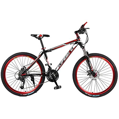 Mountain Bike : Male and female students adult cross-country mountain bike 21-speed front fork suspension Double-line disc brake disc brakes Aluminum alloy frame and forks-Black red_21 speed + double disc brake