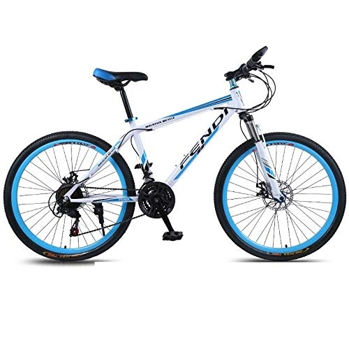 Mountain Bike : Minkui Male and female speed-shift road cross-country mountain bike 21-speed lightweight shock-absorbing bicycle Front and rear double disc brakes Suspension front fork-White blue