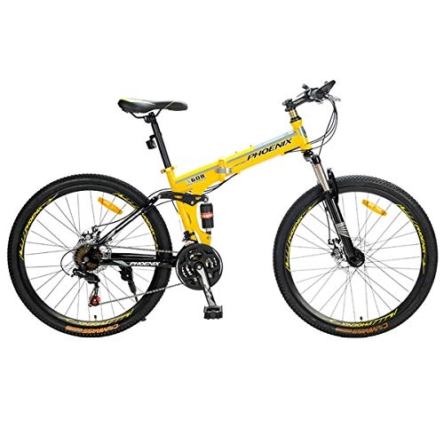 Mountain Bike : Mountain Bike 21 / 27 Speed Steel Frame 26 Inches Spoke Wheels Suspension Folding Bike, Yellow, 21speed
