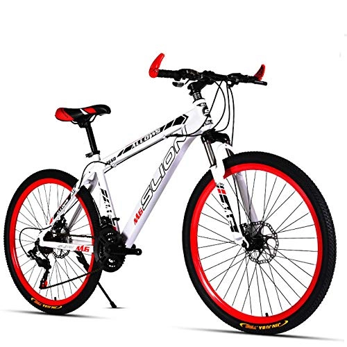 Mountain Bike : Mountain bike 26 inch 21 / 24 / 27 / 30 variable speed double disc brake student male and female bicycles-White Red_21 speed
