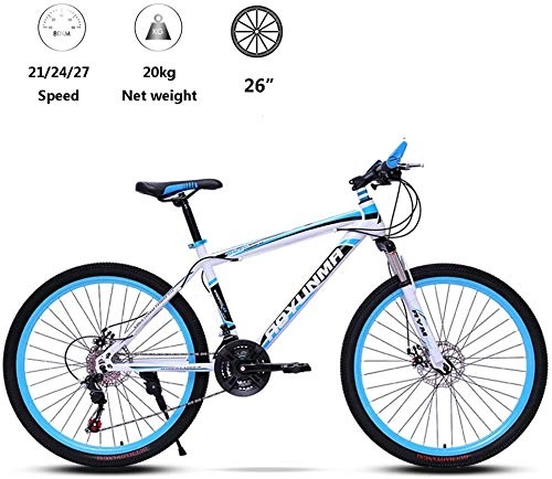 Mountain Bike : Mountain Bike 26 Inch, 21 / 24 / 27 Speed with Double Disc Brake, Adult MTB, Hardtail Bicycle with Adjustable Seat, Thickened Carbon Steel Frame, Spoke Wheel, Blue, 24 speed
