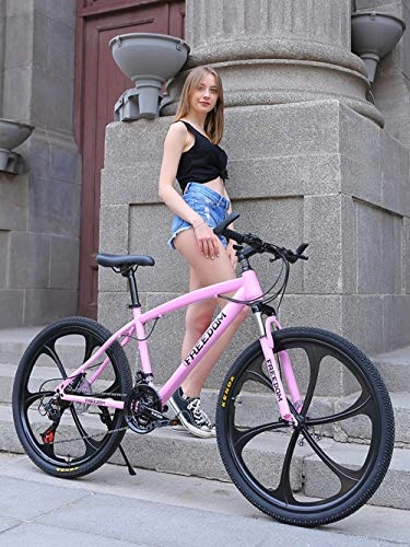 Mountain Bike : Mountain Bike 26 inch 21 Speed Men's Bike Double Disc Brake Folding Bike Carbon Steel Mountain Bike Full Suspension Bicycle, Women, MenSingle Hybrid Cruiser Bicycle, Pink