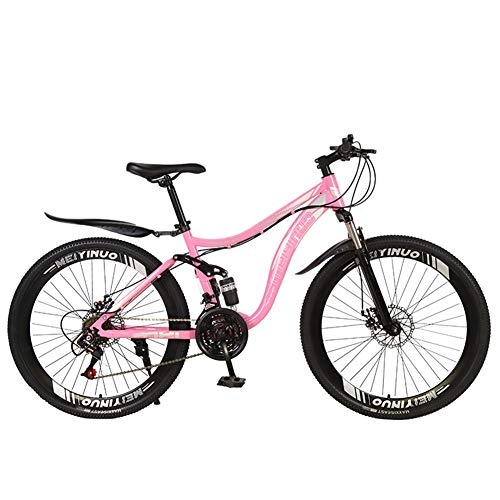 Mountain Bike : Mountain Bike, 26 Inch 27 Speed Double Disc Brake Bicycles with High Carbon Steel Frame, Full Suspension MTB, Magnesium Wheel, Pink