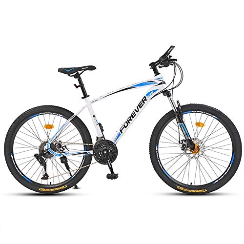 Mountain Bike : Mountain Bike for Men, Lightweight Aluminum Full Suspension Frame, Suspension Fork, 21 Speed ​​Gears Dual Disc Brakes Mountain Bicycle, White Blue, 26in