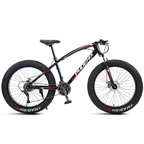 Mountain Bike : NENGGE 24 Inch Mountain Bike for Boys, Girls, Mens and Womens, Adult Fat Tire Mountain Bicycle, Carbon Steel Beach Snow Outdoor Bike, Hardtail, Disc Brakes, Red, 7 Speed