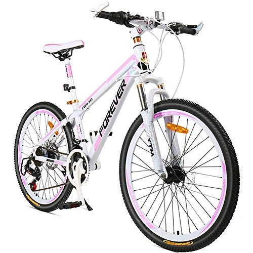 Mountain Bike : NENGGE 24 Inch Women Hardtail Mountain Trail Bike, 24 Speed Adults Girls Mountain Bicycle with Mechanical Disc Brakes & Front Suspension, High Carbon Steel Frame & Adjustable Seat, Pink, Spoke