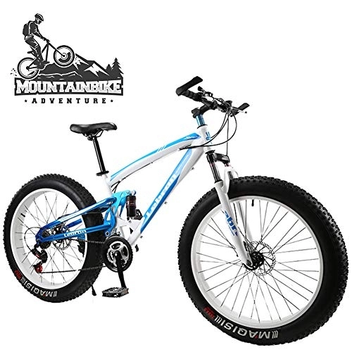 Mountain Bike : NENGGE Dual-Suspension Mountain Bike with Mechanical Disc Brakes, Fat Tire Mountain Trail Bikes for Adults Men Women, High Carbon Steel Mountain Bicycle, Adjustable Seat, Blue, 24 Inch 30 Speed