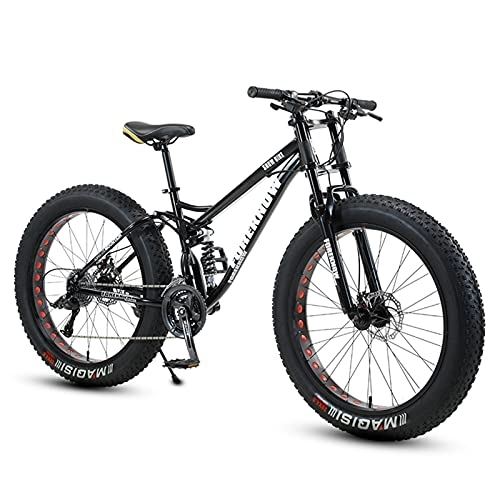 Mountain Bike : NENGGE Fat Tire Bike for Men Women, 24-Inch Wheels, 4-Inch Wide Knobby Tires 7 / 21 / 24 / 27 / 30 Speed Beach Snow Mountain Bicycle, Dual-Suspension & Dual Disc Brake, Black, 7 Speed