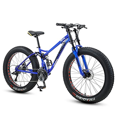 Mountain Bike : NENGGE Fat Tire Bike for Men Women, 24-Inch Wheels, 4-Inch Wide Knobby Tires 7 / 21 / 24 / 27 / 30 Speed Beach Snow Mountain Bicycle, Dual-Suspension & Dual Disc Brake, Blue, 27 Speed