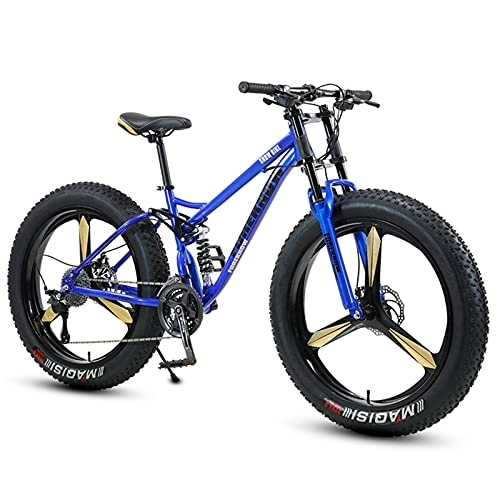 Mountain Bike : NENGGE Fat Tire Bike for Men Women, 26-Inch Wheels, 4-Inch Wide Knobby Tires 7 / 21 / 24 / 27 / 30 Speed Beach Snow Mountain Bicycle, Dual-Suspension & Dual Disc Brake, Blue 3 Spoke, 27 Speed