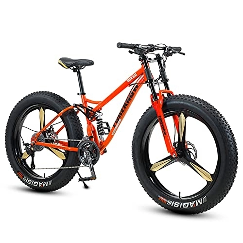 Mountain Bike : NENGGE Fat Tire Bike for Men Women, 26-Inch Wheels, 4-Inch Wide Knobby Tires 7 / 21 / 24 / 27 / 30 Speed Beach Snow Mountain Bicycle, Dual-Suspension & Dual Disc Brake, Orange 3 Spoke, 21 Speed