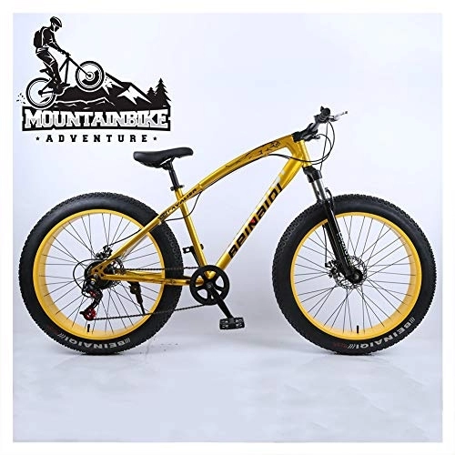 Mountain Bike : NENGGE Hardtail Mountain Bike 26 Inch with Mechanical Disc Brakes for Men and Women, Fat Tire Adults Mountain Bicycle, High Carbon Steel & Adjustable Seat & Front Suspension, Gold, 7 Speed