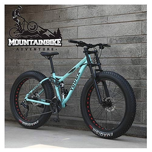 Mountain Bike : NENGGE Mountain Bikes 26 Inch Fat Tire for Adults Men Women, Dual Suspension High-carbon Steel Mountain Bicycle with Dual Disc Brake, All Terrain / Anti-Slip / Off-Road / Adjustable Seat, Green, 21 Speed