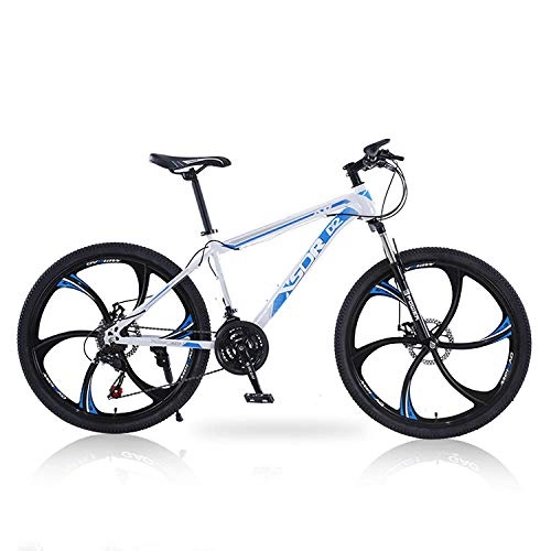 Mountain Bike : peipei 26-inch 21-speed, 24-speed, 27-speed three-speed / six-speed / ten-speed wheel front and rear double disc brake mountain bike-White and blue six knife wheels_26 inch 21 speed