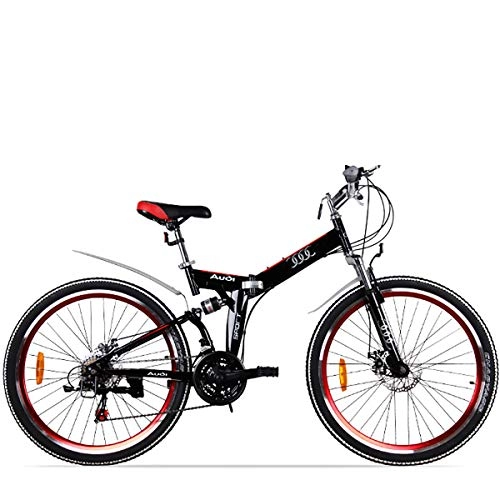 Mountain Bike : PXQ 24 / 26 Inch Adult Folding Mountain Bike High Carbon Steel 21 Speeds Double Disc Brake Bicycle, Red, 24inch