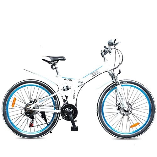 Mountain Bike : PXQ 24 / 26 Inch Adult Folding Mountain Bike High Carbon Steel 21 Speeds Double Disc Brake Bicycle, White, 24inch