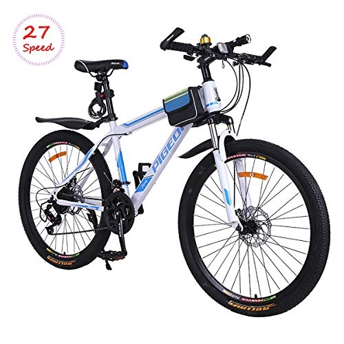 Mountain Bike : PXQ 27 Speeds Mountain Bike Adults 26 Inch High Carbon Frame Bicycle with Dual Disc Brakes and Shock Absorber Front Fork, White, 26Inch