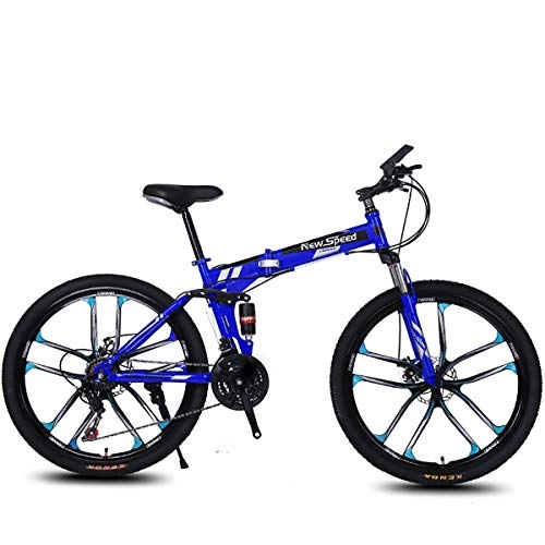 Mountain Bike : PXQ Adults Folding Mountain Bike 21 / 24 / 27 Speeds Off-road Bike 26 Inch Magnesium Alloy Wheel Bicycles with Shock Absorber Front Fork and Disc Brake, Blue1, 24S