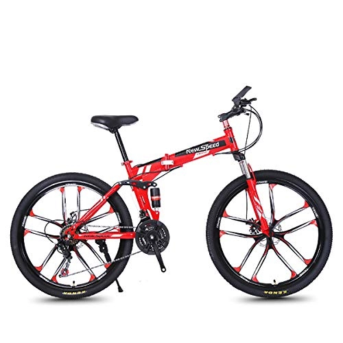Mountain Bike : PXQ Adults Folding Mountain Bike 21 / 24 / 27 Speeds Off-road Bike 26 Inch Magnesium Alloy Wheel Bicycles with Shock Absorber Front Fork and Disc Brake, Red1, 21S