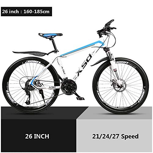 Mountain Bike : Qinmo Bicycle 26'' Men's Country Mountain Bikes, High-carbon Steel Hardtail Mountain Bike, Adult Mountain Bicycle with Adjustable Seat, 21 / 24 / 27 / 30 Speed, Size:27 speed, Colour:White Blue