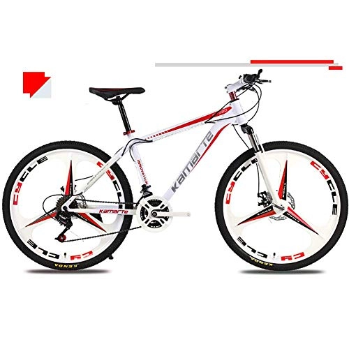 Mountain Bike : Qj Mountain Bike High-carbon Steel Frame Suspension MTB Bike Speeds 26 inch 3-Spoke Wheels with Double Disc Brake, Red, 27Speed