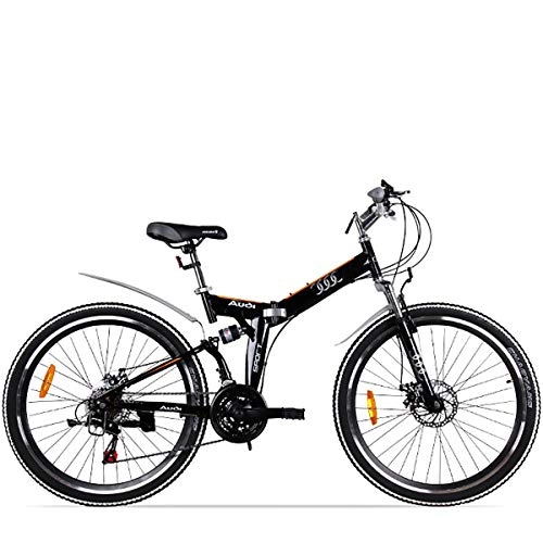 Mountain Bike : W&TT Adult 24 / 26 Inch Folding Mountain Bike High Carbon Steel Frame Bicycle with Rear Mudguards, 21 Speed Front and Rear Mechanical Disc Brake, Black, 24inch