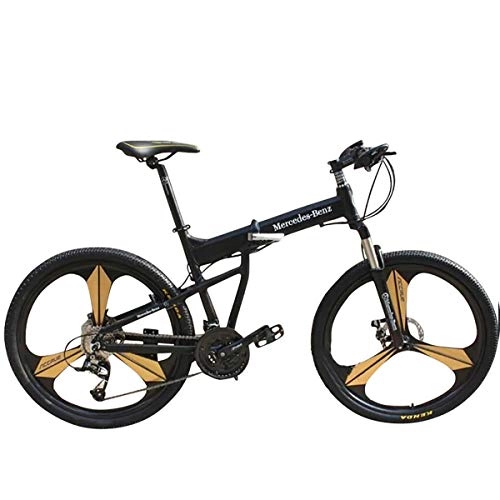 Mountain Bike : W&TT Adults 26 Inch Folding Mountain Bike 21 / 27 Speeds Off-road Bike 17" Aluminum Alloy Frame Bicycles with Suspension Shock Absorber and Disc Brake, Black, 21S