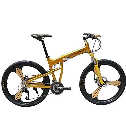Mountain Bike : W&TT Adults 26 Inch Folding Mountain Bike 21 / 27 Speeds Off-road Bike 17" Aluminum Alloy Frame Bicycles with Suspension Shock Absorber and Disc Brake, Yellow, 27S