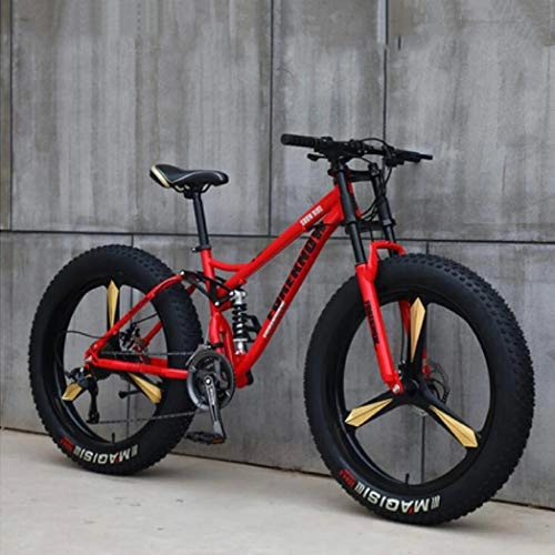 Mountain Bike : WLWLEO Mountain Bike Bicycle for Adults Men and Women Full Suspension Mountain Bikes, High Carbon Steel Frame, Double Disc Brake, Fat Tire Dirt Bike, Red, 26" 21 speed