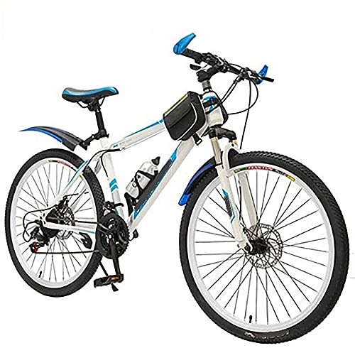 Mountain Bike : WQFJHKJDS Men's and Women's Mountain Bikes, 20, 24, and 26 Inch Wheels, 21-27 Speed Gears, High Carbon Steel Frame, Double Suspension, Blue, Green and Red (Color : Blue, Size : 24)